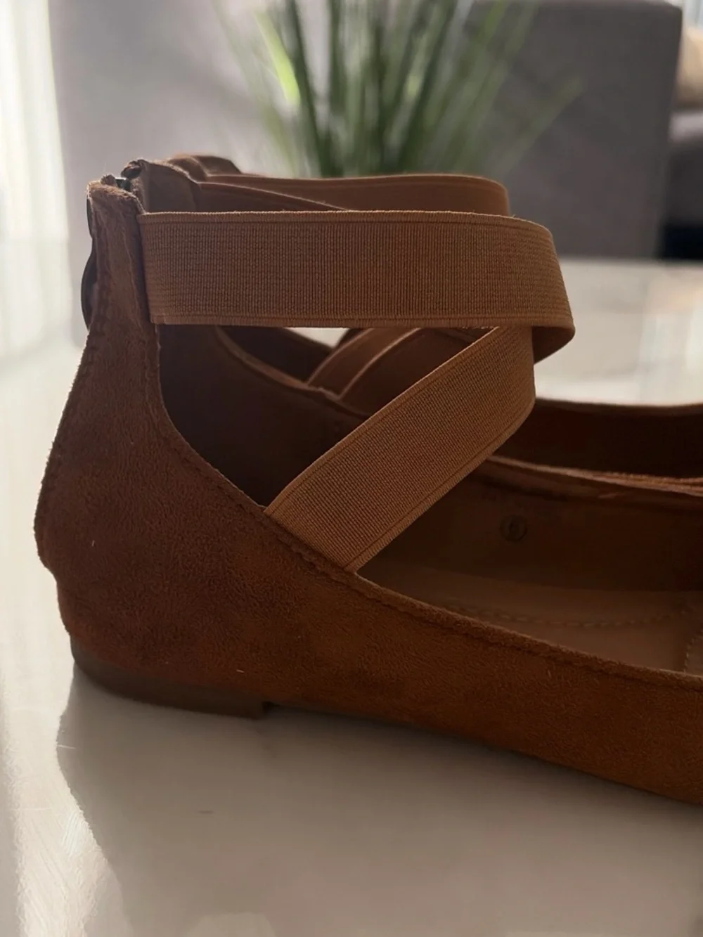 Anna Brown Suede-Look Ballet Flats with Cross Ankle Straps